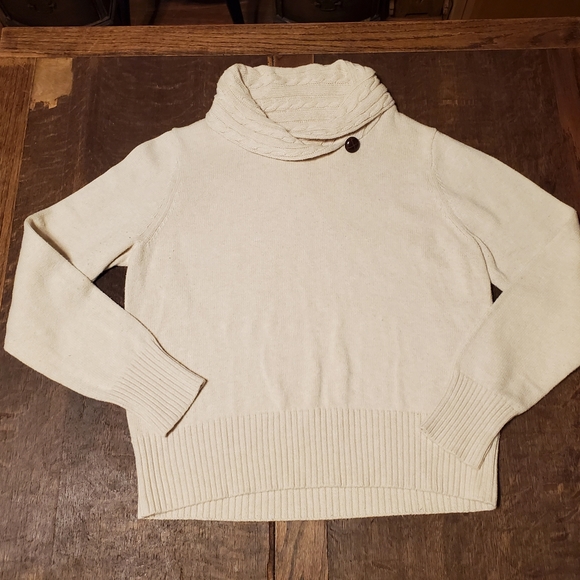Jeanne Pierre cream knit pullover sweater, cowl neck, button accent - Picture 4 of 5